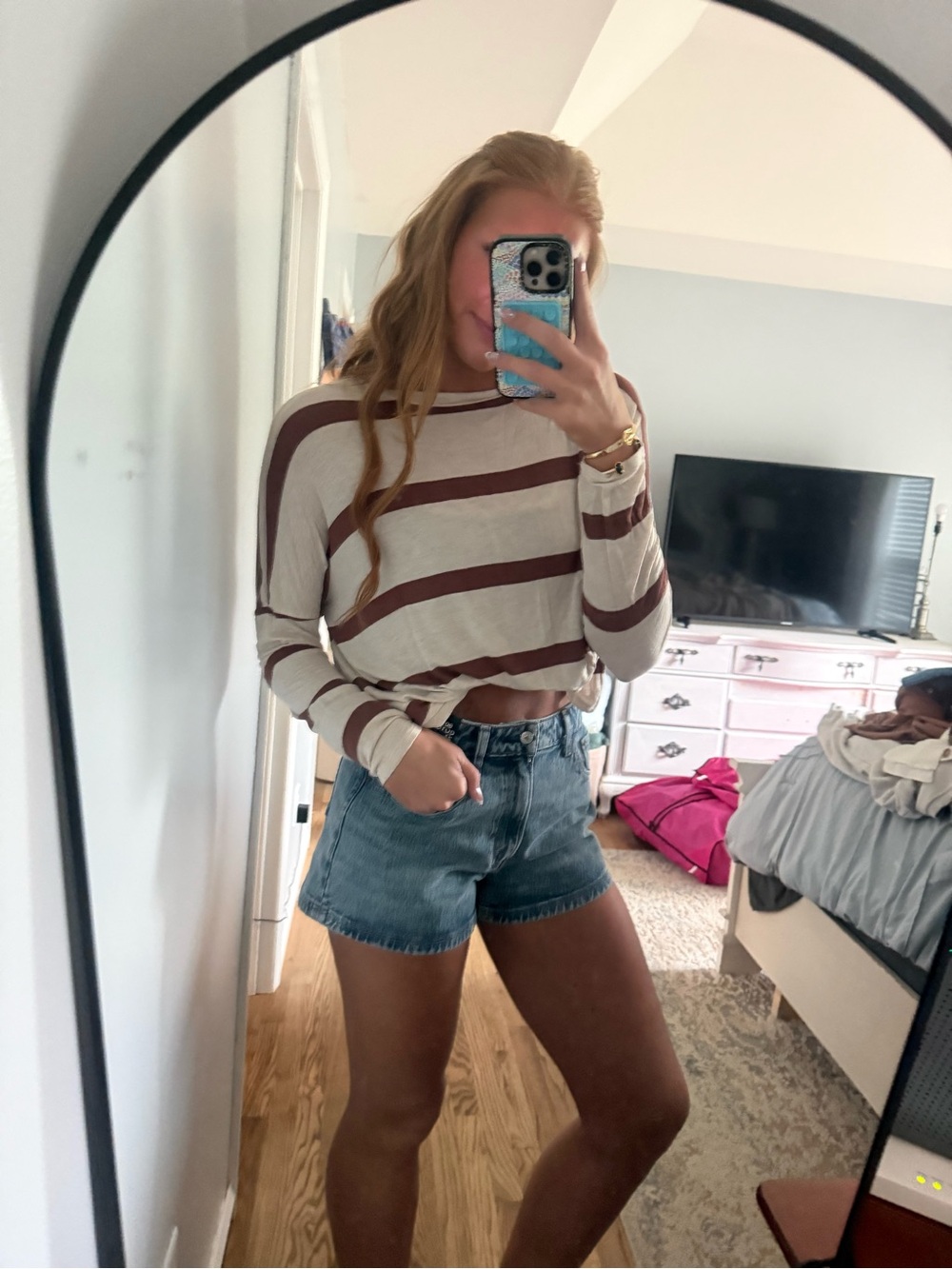Striped Long Sleeve Crop Top - Cream & Brown
